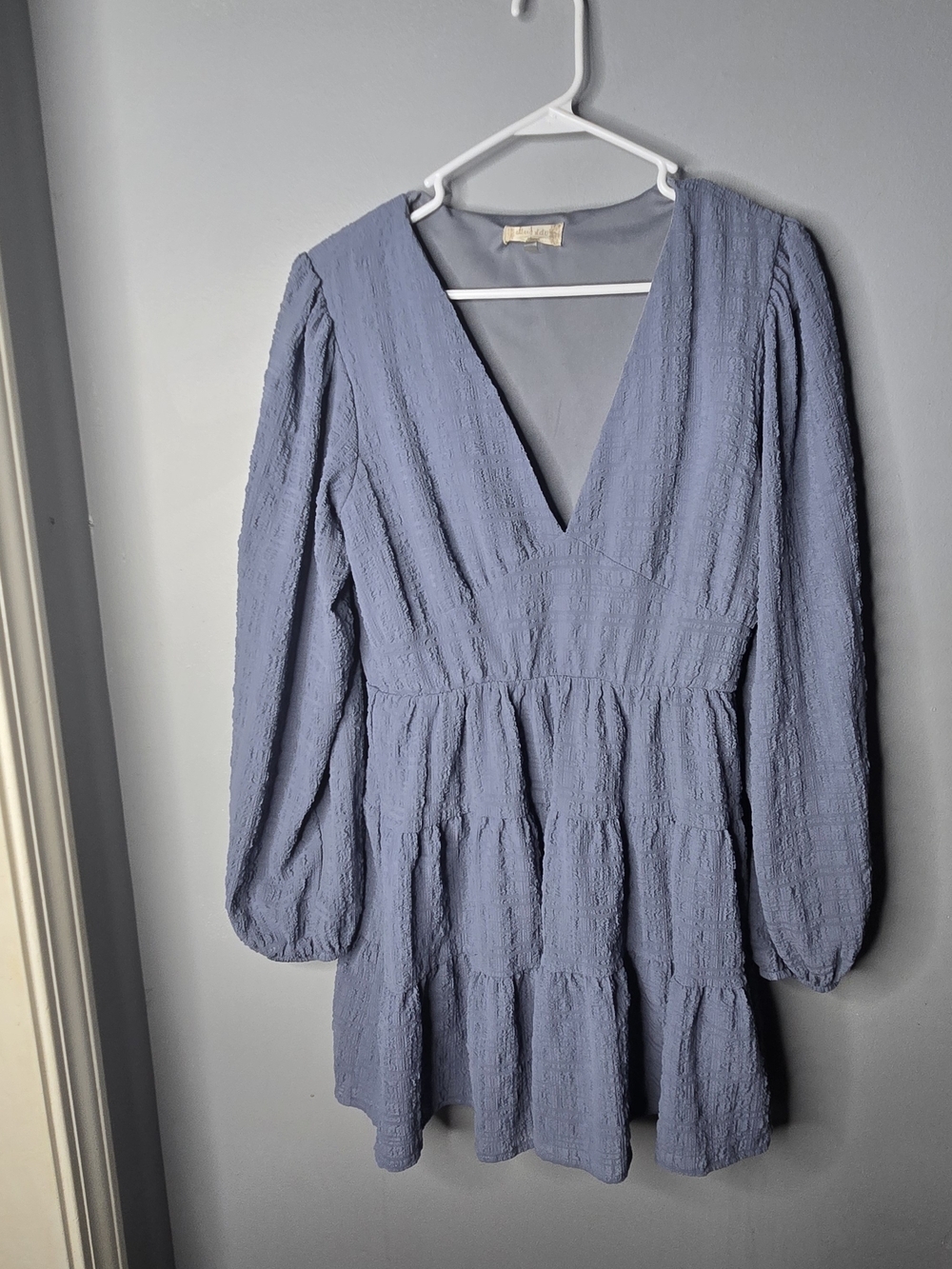 Altar'd State Dusty Blue Textured Babydoll Mini Dress Size Large V-neck Flowy